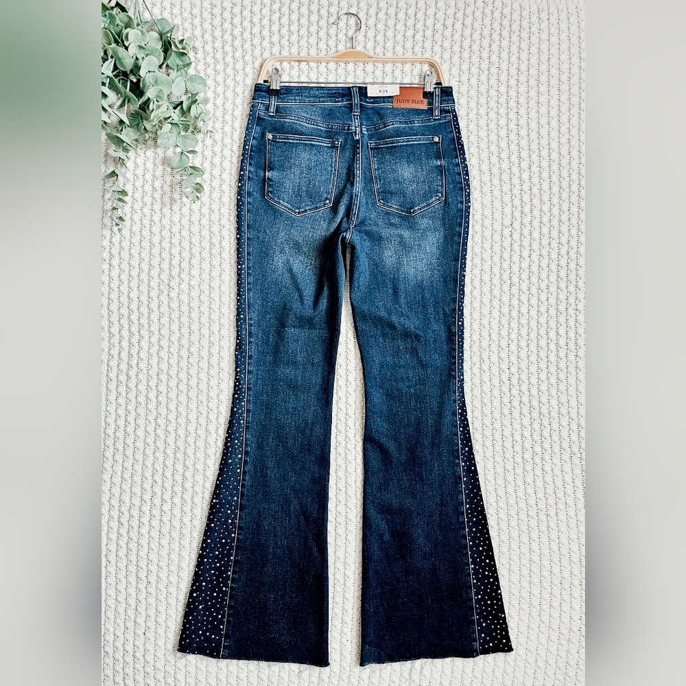 Judy Blue High Rise Dark Wash Rhinestone Side Panel Flare Jeans Raw Hem 9/29 NEW - Picture 11 of 14
